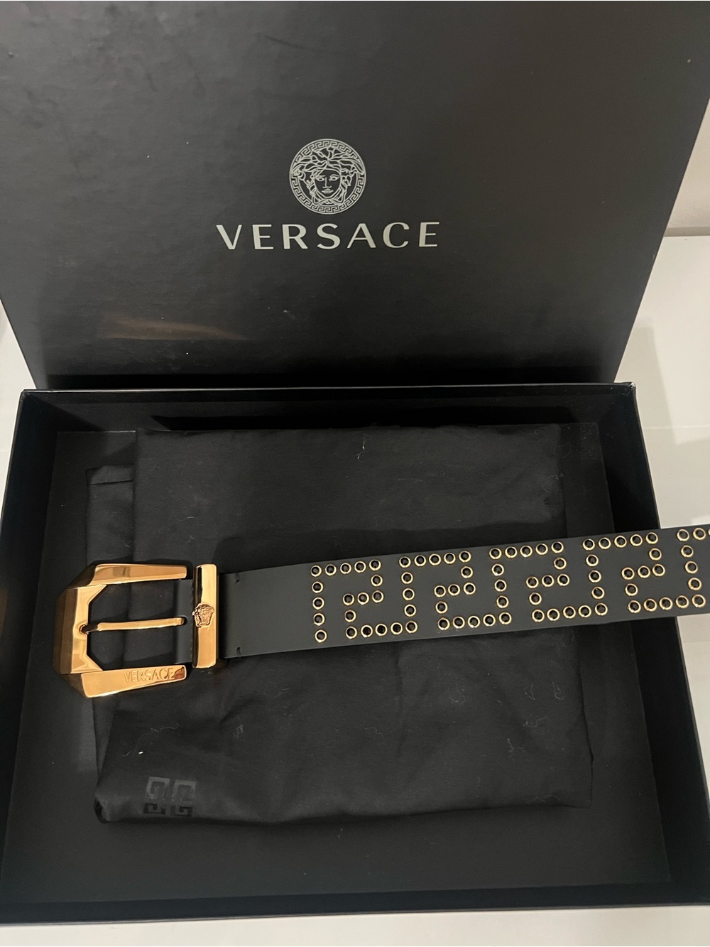 Versace Black Leather Studded Belt with Gold Buckle Accents